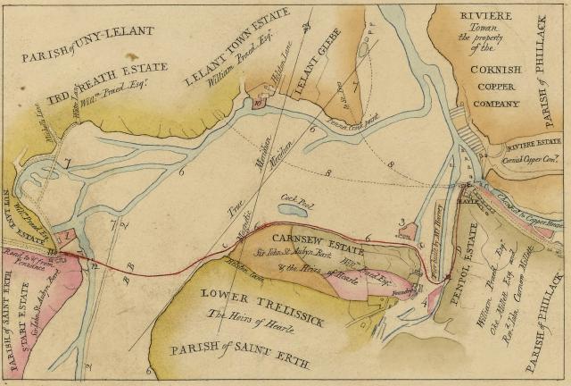 Plan - 1825 plan of Hayle in Cornwall, showing the design for bridges, a turnpike road and an embankment causeway